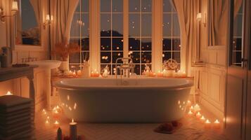 Generative AI, Interior of modern bathroom with burning candles in evening. Romantic atmosphere, spa and relax concept photo