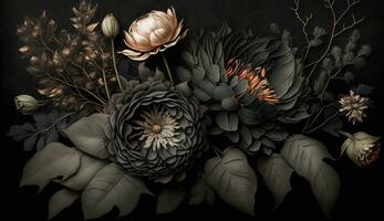 generativo ai, cerca arriba de floreciente Camas de flores de increíble negro flores en oscuro gótico temperamental floral texturizado antecedentes. fotorrealista efecto. foto