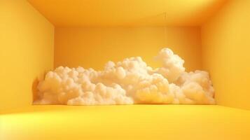 Generative AI, Light yellow fantastic 3d clouds on the floor, sky and landscape. Gentle colors and with bright lights. photo