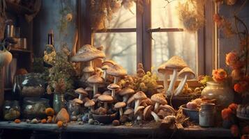 , room full of many different mushrooms with window photo