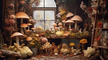 , room full of many different mushrooms with window photo