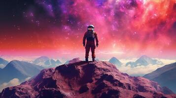 Generative AI, Psychedelic Space banner template, nostalgic 80s, 90s background. Horizontal illustration of the future landscape with mountains, planets, trees, moon. Surrealist escapism concept. photo