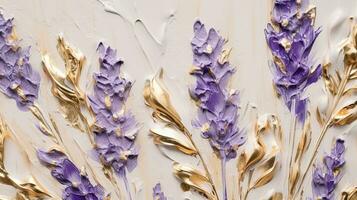 Generative AI, lavender branches hand drawn oil painting with golden leaves on white background photo