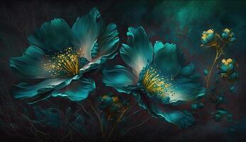 Generative AI, Close up of blooming flowerbeds of amazing teal flowers on dark moody floral textured background. Photorealistic effect. photo