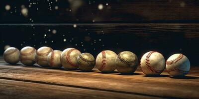 Generative AI, Rough and rugged texture of old baseball balls close up on vintage background photo