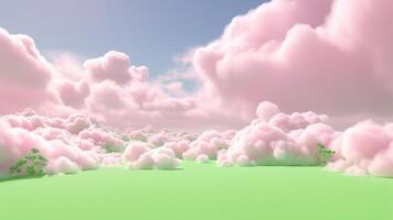, Pink and green fantastic 3d clouds on the floor, sky and landscape. Gentle colors and with bright lights. photo