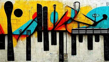 Generative AI, Street art with keys and musical instruments silhouettes. Ink colorful graffiti art on a textured paper vintage background, inspired by Banksy photo