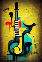 Generative AI, Street art with keys and musical instruments silhouettes. Ink colorful graffiti art on a textured paper vintage background, inspired by Banksy photo