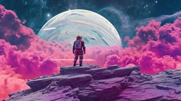 , Psychedelic Space banner template, nostalgic 80s, 90s background. Horizontal illustration of the future landscape with mountains, planets, trees, moon. Surrealist escapism concept. photo