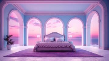 Generative AI, Fantasy purple relax room with dreamy bed, arch, windows and beautiful landscape with clouds. Bedroom in calm lavender and violet colors. photo