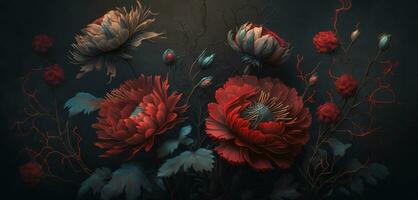 Generative AI, Close up of blooming flowerbeds of amazing red color flowers on dark moody floral textured background. Photorealistic effect.. photo