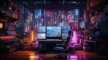 Generative AI, Computer on the table in cyberpunk style, nostalgic 80s, 90s. Neon night lights vibrant colors, photorealistic horizontal illustration of the futuristic interior. Technology concept. photo