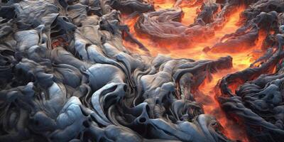 , detailed close-up hot white and grey lava flow, magma texture of volcanic background. photo