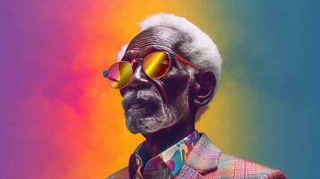 Generative AI, African American funny happy old retirement man closeup portrait, wearing glasses and modern fashionable clothes photo