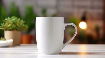 Generative AI, White ceramic cup set-up in at home interior, mug mock up blank.. photo