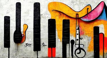 Generative AI, Street art with keys and musical instruments silhouettes. Ink colorful graffiti art on a textured paper vintage background, inspired by Banksy photo