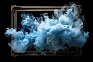 Generative AI, Blue flowing smoke around empty vintage beautiful frame. Copy space, frame mock up blank photo