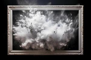 Generative AI, White powder splash and smoke around empty vintage beautiful frame photo