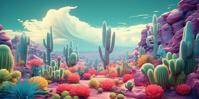 Generative AI, psychedelic and surreal scenery with cactus in the desert. Landscape of the wild west photo