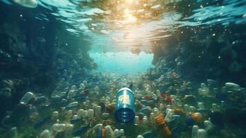 Generative AI, Plastic carrier bags, bottles and other garbage pollution in ocean. Environment concept photo