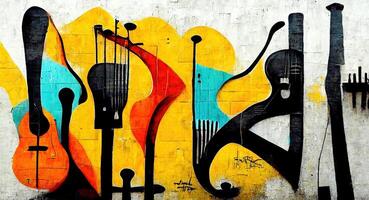 Generative AI, Street art with keys and musical instruments silhouettes. Ink colorful graffiti art on a textured paper vintage background, inspired by Banksy photo