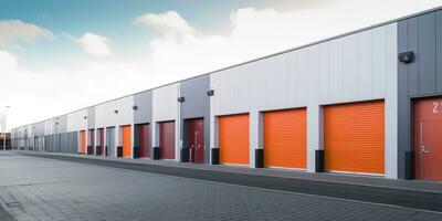 Generative AI, Mini colorful metal self storage facilities rental units, warehouse exterior, industry garage building. photo