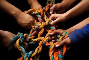 , peoples hands working together to untangle a knotted rope. Business teamwork. photo