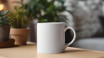 Generative AI, White ceramic cup set-up in at home interior, mug mock up blank. photo