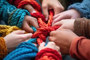 Generative AI, peoples hands working together to untangle a knotted rope. Business teamwork. photo