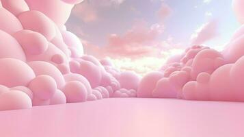 generativo ai, rosado magenta fantástico 3d nubes en el piso, cielo y paisaje. amable colores y con brillante luces. foto
