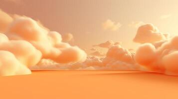 Generative AI, Light orange, apricot color fantastic 3d clouds on the floor, sky and landscape. Gentle colors and with bright lights. photo