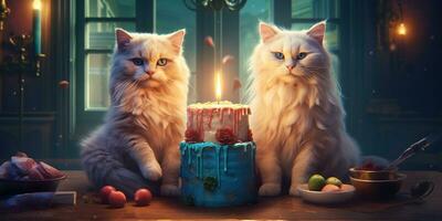 Generative AI, Cat birthday party, cake with a candles photo