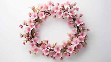 Generative AI, wreath of little light pink cherry sakura flowers with copy space, natural organic floral frame photo