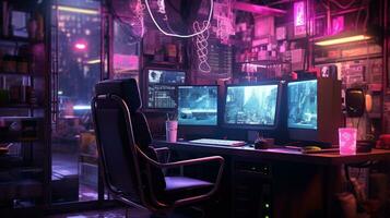 Generative AI, Computer on the table in cyberpunk style, nostalgic 80s, 90s. Neon night lights vibrant colors, photorealistic horizontal illustration of the futuristic interior. Technology concept. photo