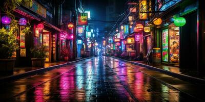 Generative AI, Night scene of big city in cyberpunk style, futuristic nostalgic 80s, 90s. Neon lights vibrant colors, photorealistic horizontal illustration photo