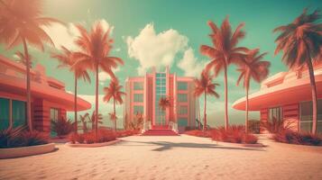 Generative AI, Miami Summer Vibes retro illustration. Vintage pink and blue colors, buildings, California palms, 80s style photo