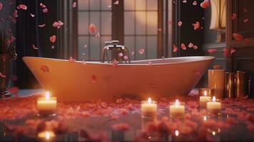 Generative AI, Interior of modern bathroom with burning candles in evening. Romantic atmosphere, spa and relax concept photo