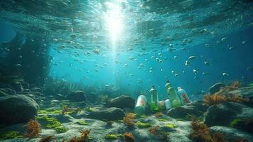 Generative AI, Plastic carrier bags, bottles and other garbage pollution in ocean. Environment concept photo