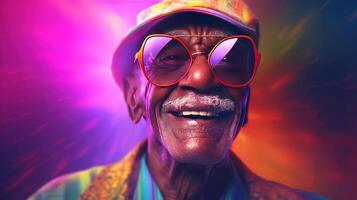 Generative AI, African American funny happy old retirement man closeup portrait, wearing glasses and modern fashionable clothes photo