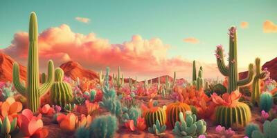 Generative AI, psychedelic and surreal scenery with cactus in the desert. Landscape of the wild west photo