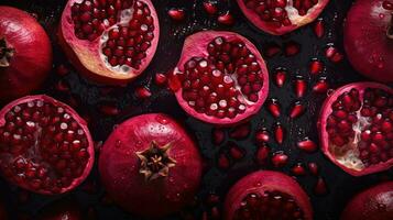 Generative AI, Macro Fresh Juicy half and whole of pomegranate fruit background as pattern. Closeup photo with drops of water