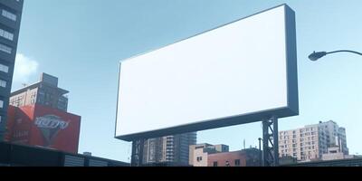 generativo ai, realista calle grande cartelera burlarse de arriba blanco para presentación publicidad. al aire libre firmar blanco en el futurista ciudad, negocio concepto. foto