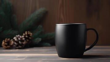 Generative AI, Black ceramic cup set-up in at home interior, mug mock up blank. photo