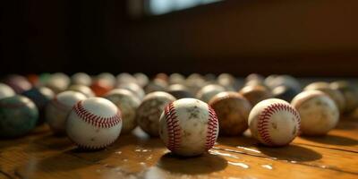 generativo ai, áspero y escabroso textura de antiguo béisbol pelotas cerca arriba en Clásico antecedentes foto