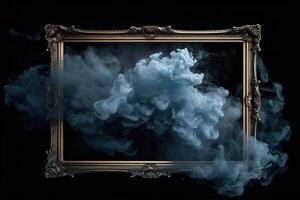 Generative AI, Blue flowing smoke around empty vintage beautiful frame. Copy space, frame mock up blank photo