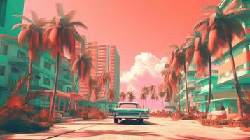 Generative AI, Miami Summer Vibes retro illustration. Vintage pink and blue colors, buildings, California palms, 80s style photo