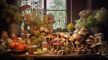 , room full of many different mushrooms with window photo