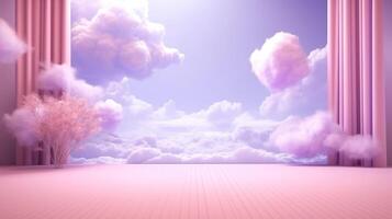 Generative AI, Purple, digital lavender color fantastic 3d clouds on the floor, sky and landscape. Gentle colors and with bright lights. photo