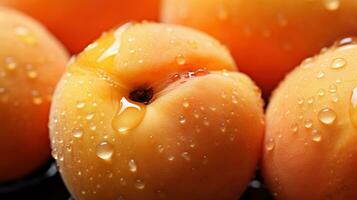 Generative AI, bright slice of juicy ripe apricot and water drops, macro of summer fruit photo