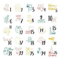 mano dibujar Navidad de colores contorno adviento calendario con animal caracteres vector